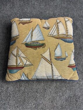 Sailboat Embroidered Accent Pillow in Beige and Blue